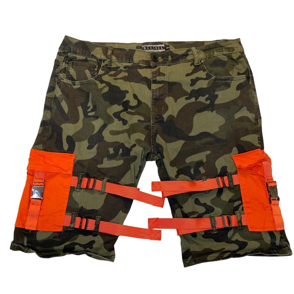 Decibel‎ Camo Cargo Shorts Men's 42 Orange Utility Strap Pocket Streetwear